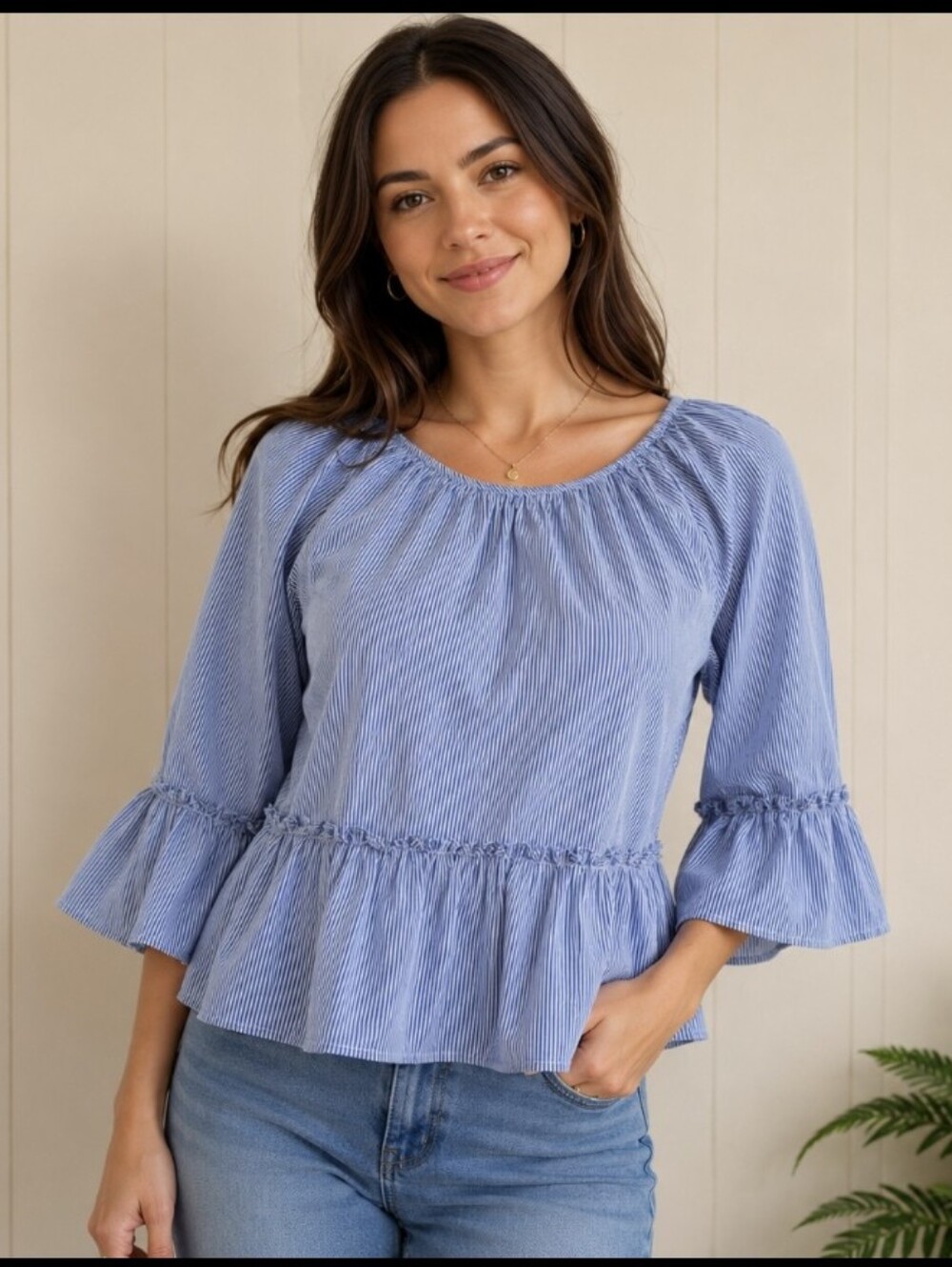 Soprano Blue Striped Top Bell Sleeve Blouse Sz L